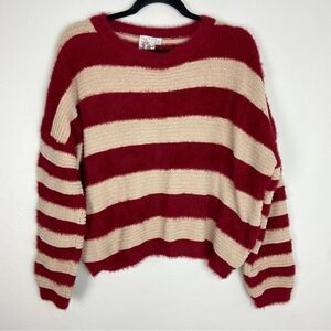 Sadie & Sage Red & Cream Striped Fuzzy Chunky Sweater Boho Holidays Cozy Large